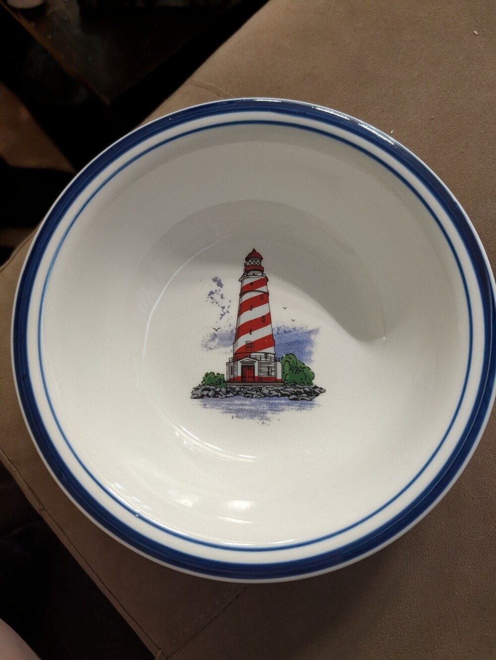 Libbey White Ceramic Bowl with Blue Rim and Red Lighthouse